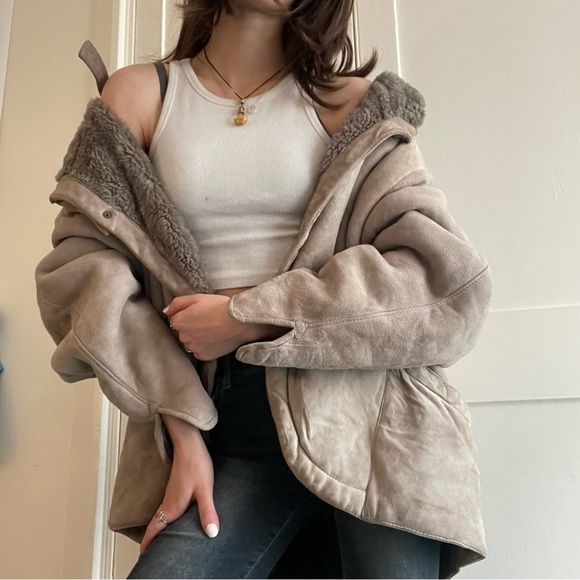 Vintage grey cream genuine sheepskin shearling jacket aviator style high end - Picture 3 of 8